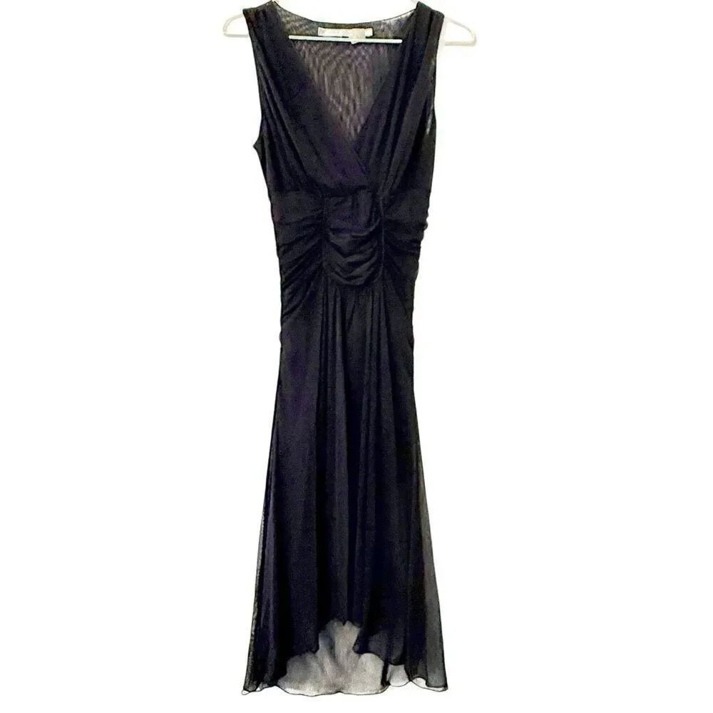 Vintage Y2K Max Studio Mesh V Neck Sleeveless Ruched Formal Dress Black Size XS